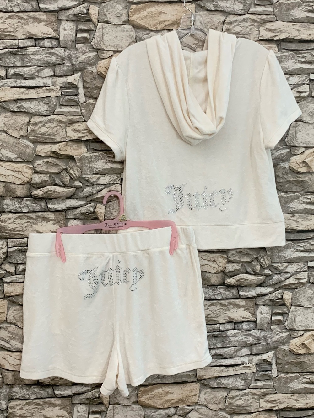 Juicy Couture Oyster White Velour Terry Cloth Hoodie Shorts Lounge Tracksuit Set